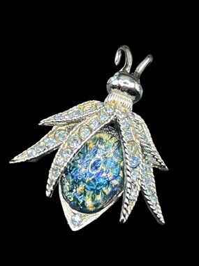 Vintage Blue Opal-Like Insect Brooch With Rhinestones in Gift Box
